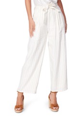 PAIGE Nevada Stripe Wide Leg Paperbag Waist Pants in Afterglow/Gold at Nordstrom