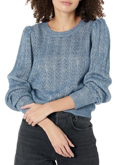 PAIGE Women's Athena Sweater Crew Neck Cropped Puff Sleeve in Moondust Blue/Silver L