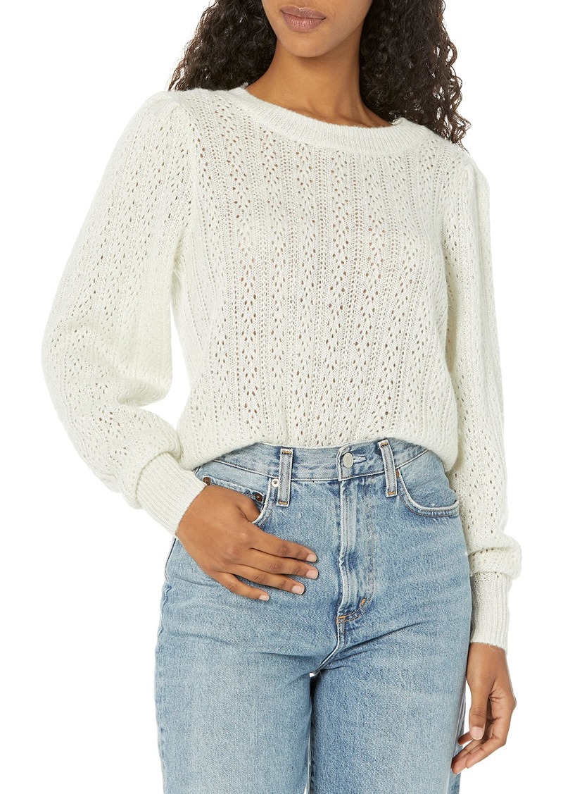 PAIGE Women's Athena Sweater Crew Neck Slightly Cropped Puff Sleeve in Ivory/Silver Metalic S