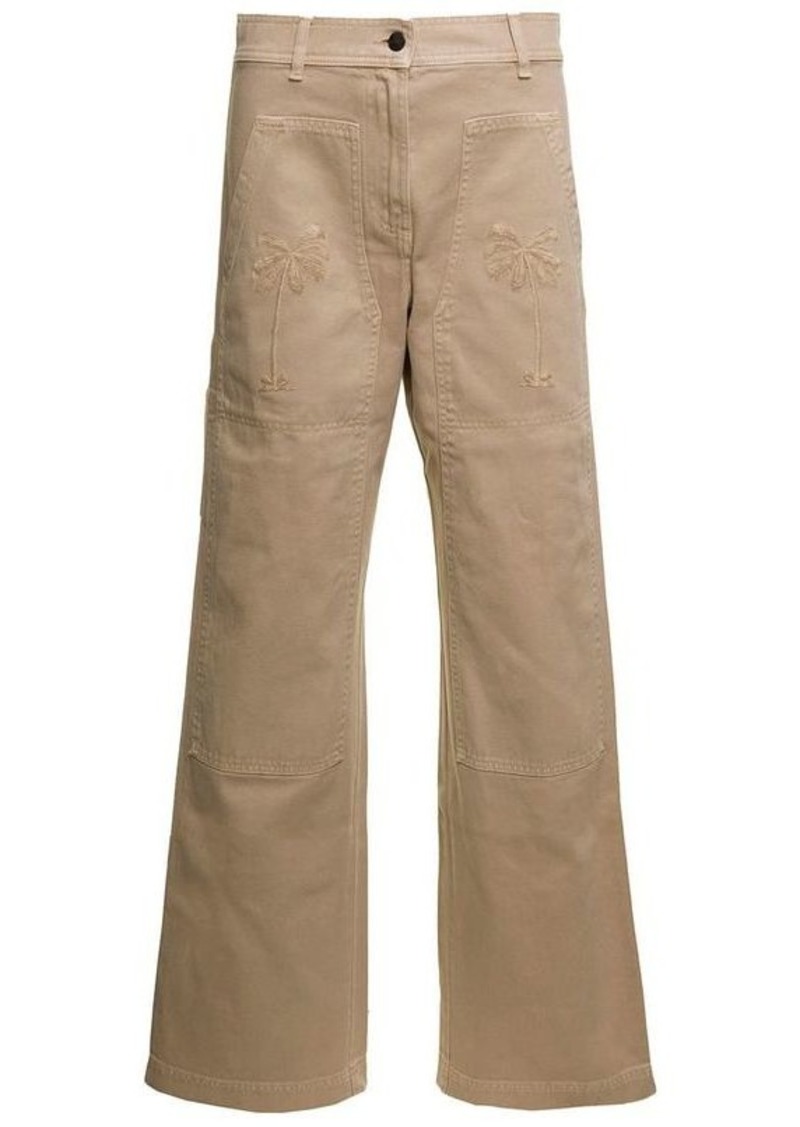 Palm Angels Beige 'Cargo' Pants with Embroidered Palm in Cotton Denim Woman