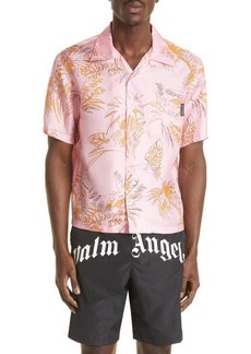 Palm Angels Abstract Palm Print Silk Bowling Shirt in Pink/Gold at Nordstrom