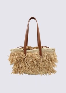 PALM ANGELS BEIGE RAFIA AND BROWN LEATHER TOTE BAG