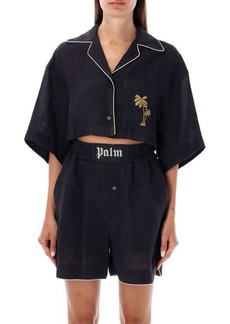 PALM ANGELS Cropped linen bowling shirt