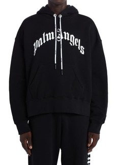 Palm Angels Curved Logo Cotton Hoodie in Black White at Nordstrom