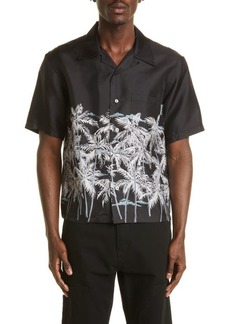 Palm Angels Palm Print Silk Bowling Shirt in Black/White at Nordstrom