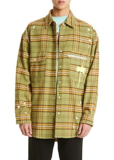 Palm Angels PXP Oversize Painted Plaid Flannel Snap-Up Shirt in Green/Lime Green at Nordstrom