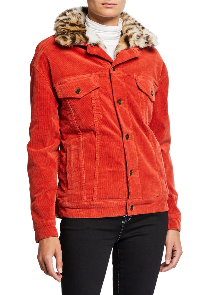 red corduroy jacket with fur collar