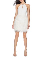 Parker Donna Feather Skirt Mini Halter Dress w/ Crystal Trim