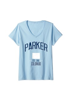 Womens Athletic Parker Colorado CO Navy Throwback Sport Souvenir V-Neck T-Shirt