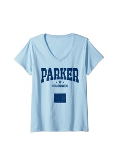 Womens Funny Parker Colorado CO Retro Athletic Navy V-Neck T-Shirt