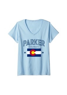 Womens Parker Colorado CO Flag Athletic Throwback Navy V-Neck T-Shirt