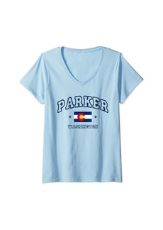 Womens Parker Colorado CO Flag Sport Athletic V-Neck T-Shirt