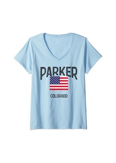 Womens Parker Colorado CO Throwback Retro USA Flag V-Neck T-Shirt