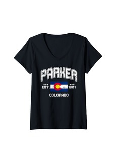Womens Parker Colorado CO Vintage Flag Souvenir V-Neck T-Shirt