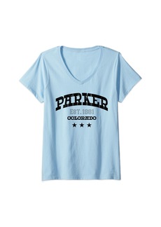 Womens Retro Parker Colorado CO Athletic Souvenirs Men Women V-Neck T-Shirt