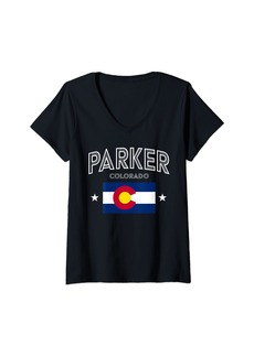 Womens Retro Parker Colorado CO Flag Sport Throwback V-Neck T-Shirt