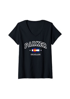 Womens Retro Parker Colorado CO Flag Throwback Athletic V-Neck T-Shirt