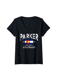 Womens Retro Parker Colorado CO Flag Throwback Souvenir Men Women V-Neck T-Shirt