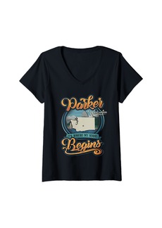 Womens Vintage Parker Washington Hometown My Story Begins V-Neck T-Shirt