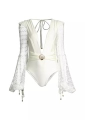 PatBO Lace Long-Sleeve One-Piece Swimsuit