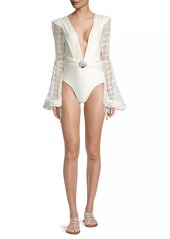 PatBO Lace Long-Sleeve One-Piece Swimsuit