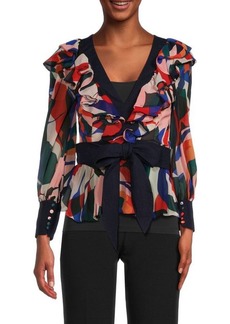 PatBO Moscow Abstract Belted Ruffle Blouse