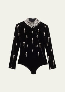 PatBO Hand-Beaded Velvet Bodysuit