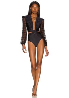 PatBO Plunge Netted Sleeve Swimsuit