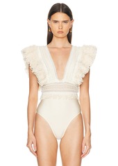 PatBO Woven Trim Plunge Bodysuit