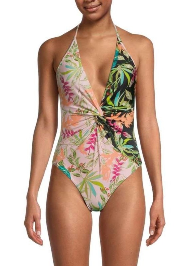 PatBO Tropicalia Contrasting Floral Twisted One Piece Swimsuit