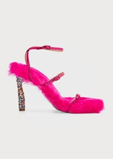 Paul Andrew Shearling Jeweled Three-Strap Sandals