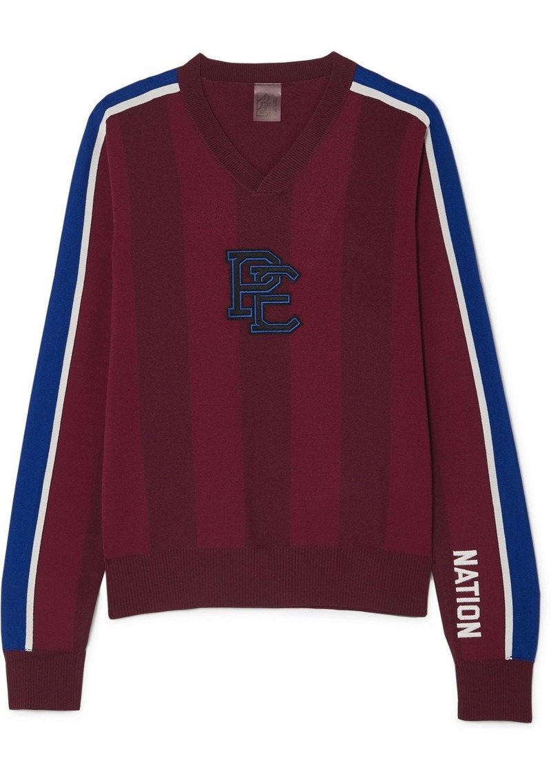 P.E Nation Battlefield Appliquéd Striped Knitted Sweater