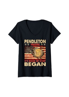 Womens Pendleton Indiana USA Flag 4th Of July V-Neck T-Shirt