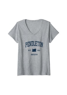 Womens Pendleton Oregon OR Vintage Athletic Navy Sports Design V-Neck T-Shirt
