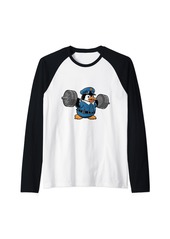 Cute Penguin Weightlifting funny Animal logo Raglan Baseball Tee