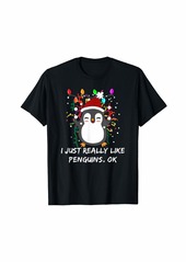 Funny Christmas Light Penguin I Just Really Like Penguins OK T-Shirt