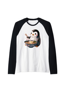 Funny Penguin Eating Noodle Bowl Cute Penguin Eating Ramen Raglan Baseball Tee