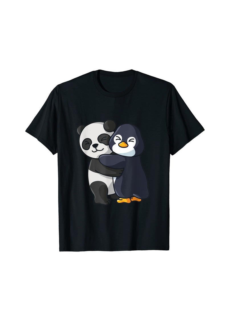 Panda and Penguin Cute Animal Lover Hugging Women Girls T-Shirt