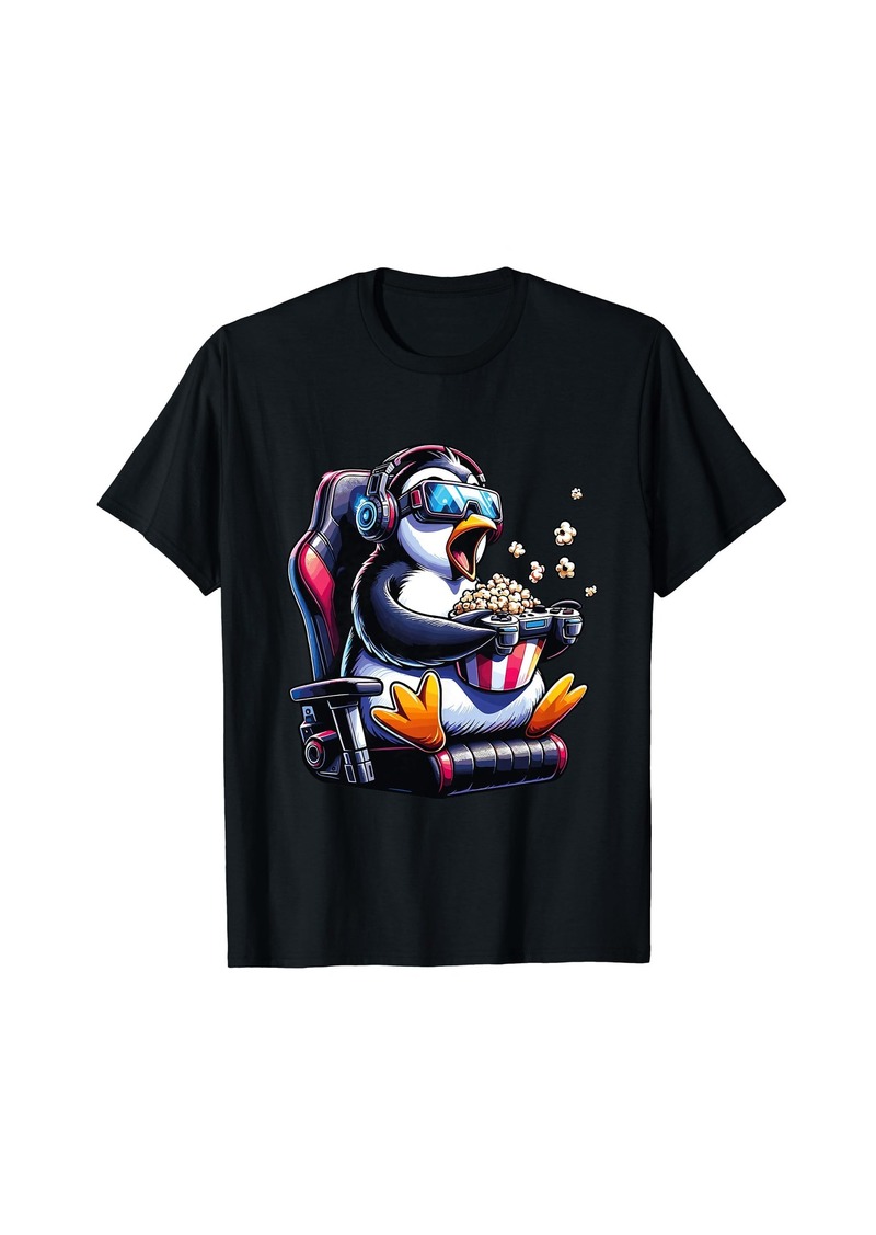 Penguin Video Games Player Headphone Eating Popcorn T-Shirt