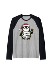 Penguin Wearing Santa Hat Holding A Present Box Xmas Raglan Baseball Tee