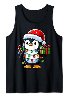 Penguin Wearing Santa Hat Holding A Present Box Xmas Tank Top