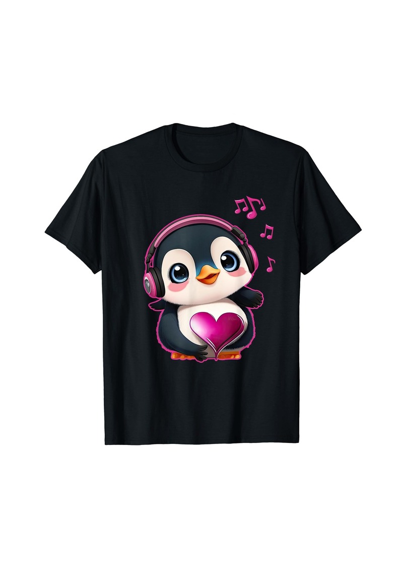 Penguin with Headphones Listening To Music - Pink Heart T-Shirt