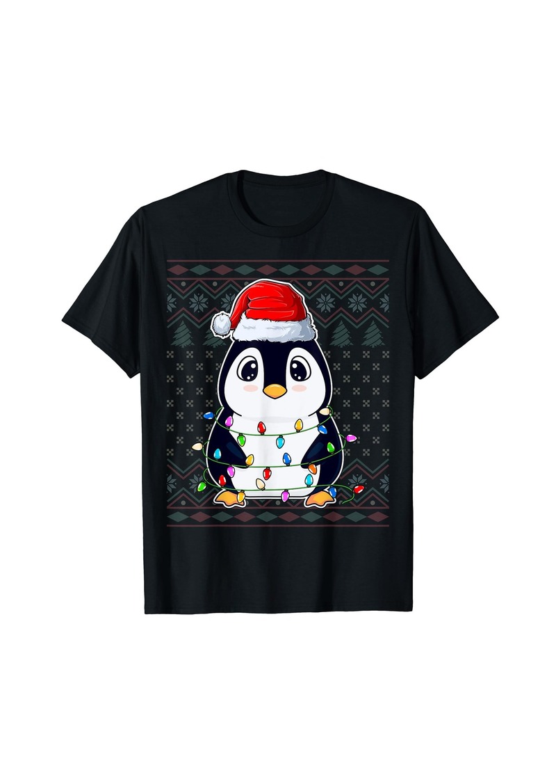 Penguin Xmas Lights Santa Hat Ugly Christmas Penguin T-Shirt