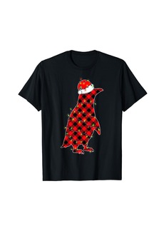 Red Plaid Penguin Christmas Lights Pajamas Adult Kids T-Shirt
