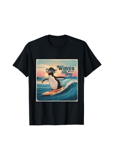 retro penguin surfer with sunglasses waves all surfing day T-Shirt