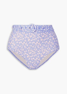 Peony Swimwear - Belted floral-print high-rise bikini briefs - Blue - UK 10