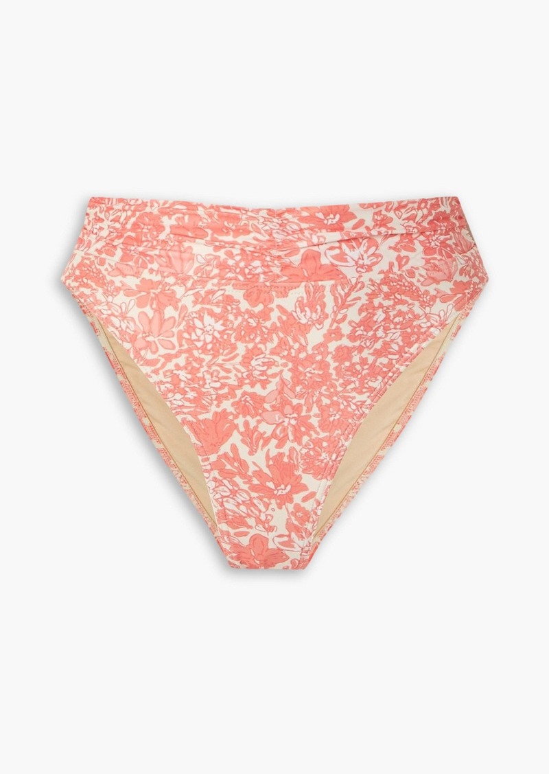 Peony Swimwear - Ruched floral-print high-rise bikini briefs - Orange - XS