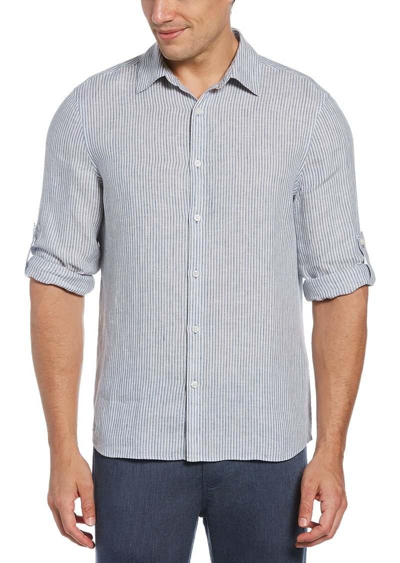 Perry Ellis Men's Linen Blend Tri-Color Stripe Roll Sleeve Button-Down Shirt