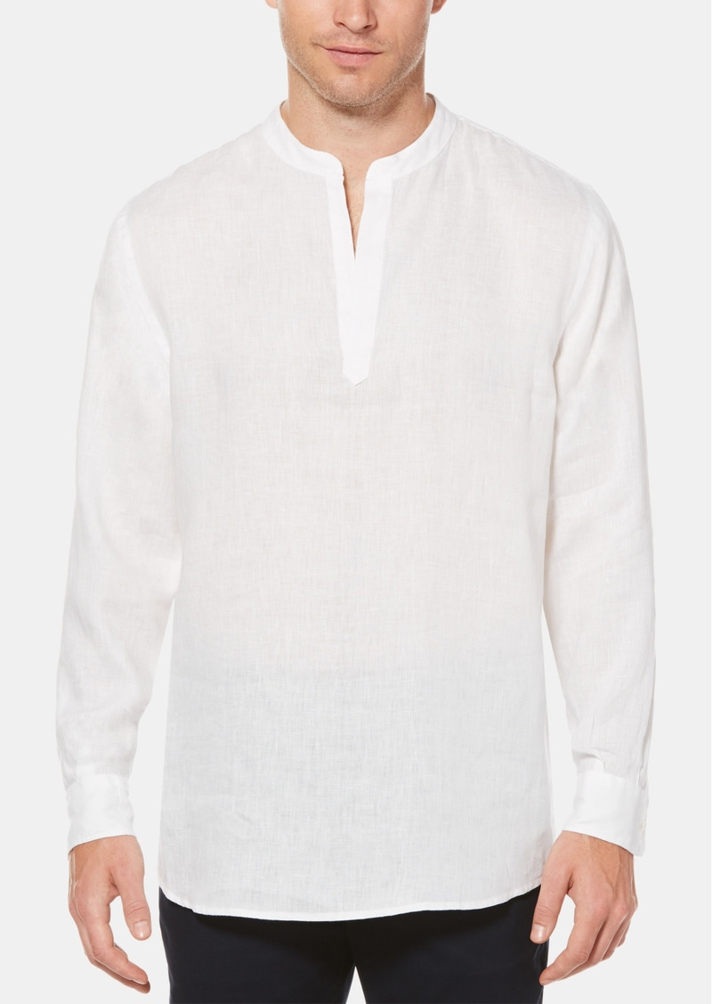 Perry Ellis Men's Solid Linen Popover Long Sleeve Shirt - Bright White