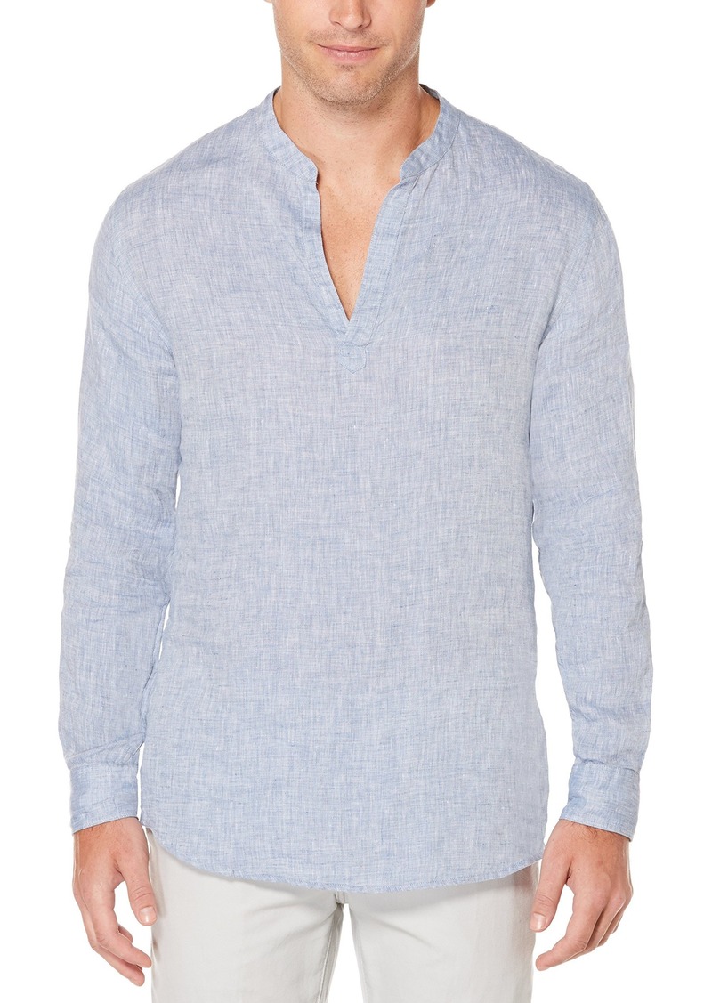 Perry Ellis Men's Long-Sleeve Solid Linen Cotton Popover Shirt colony blue
